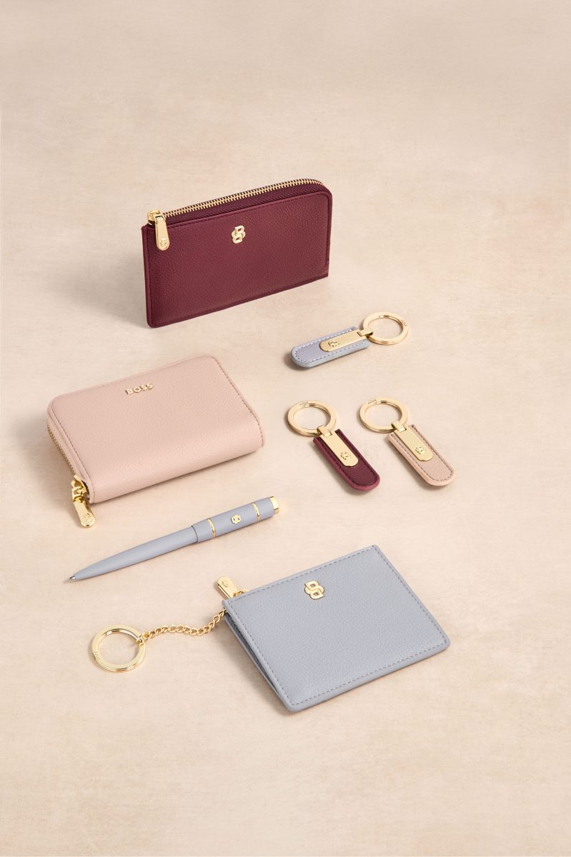 Card holders, keyrings and a pen in burgundy, blush and pale blue — Hugo Boss